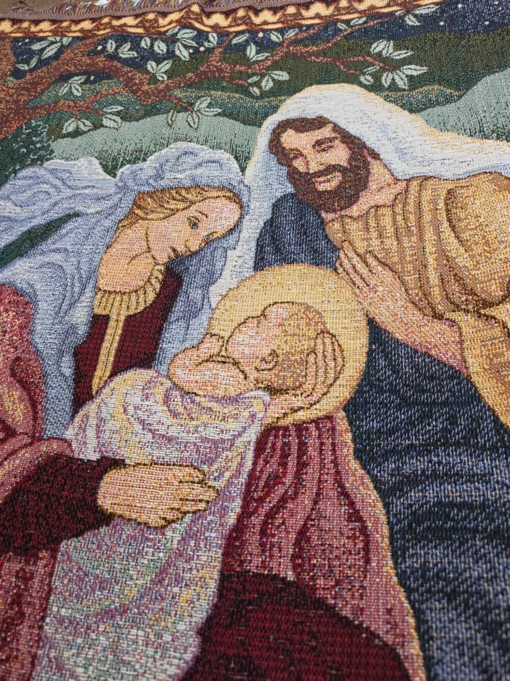 Vintage Nativity Holy Family Woven Tapestry Throw Blanket Made in USA